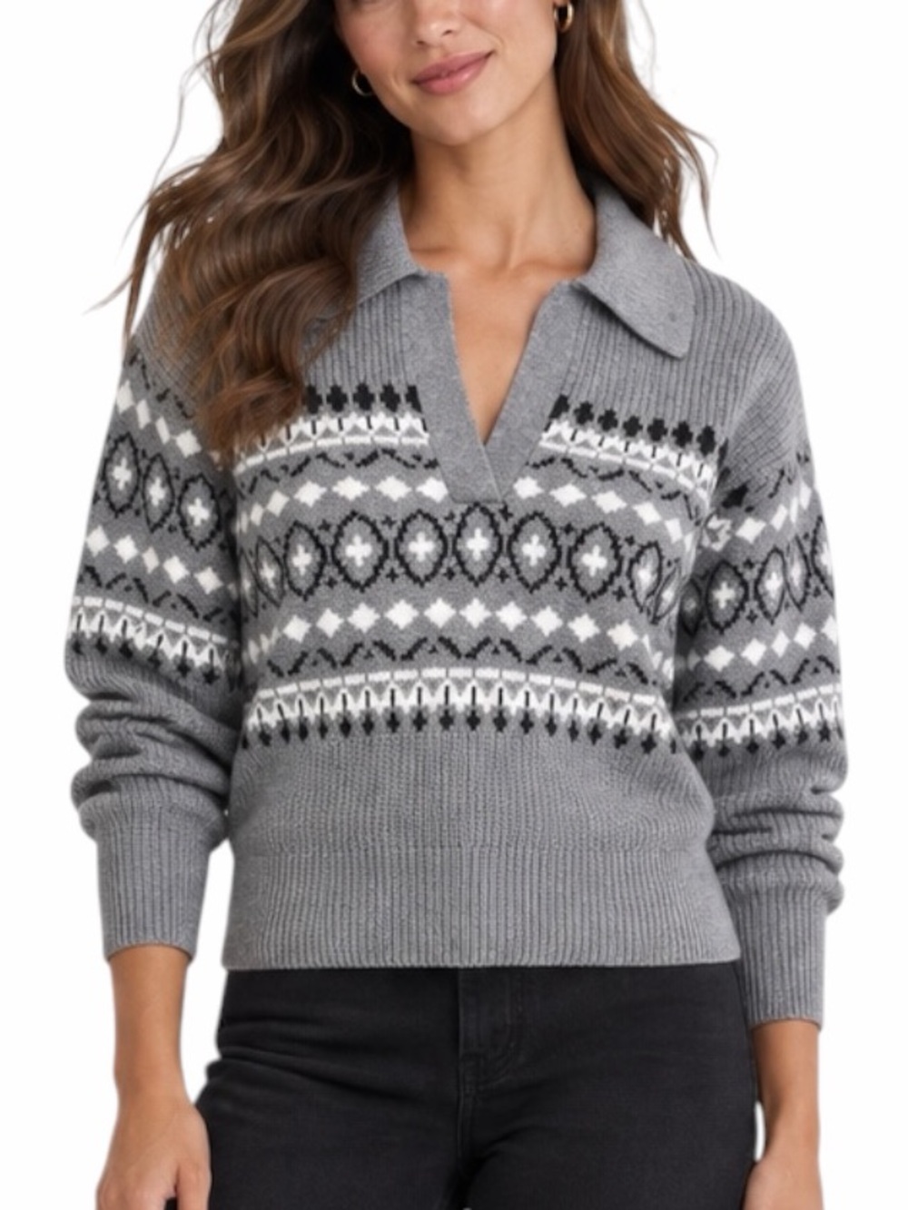 LOFT Fair Isle Polo Ski Sweater Size XXL Gray Black White Collared Knit V Neck
